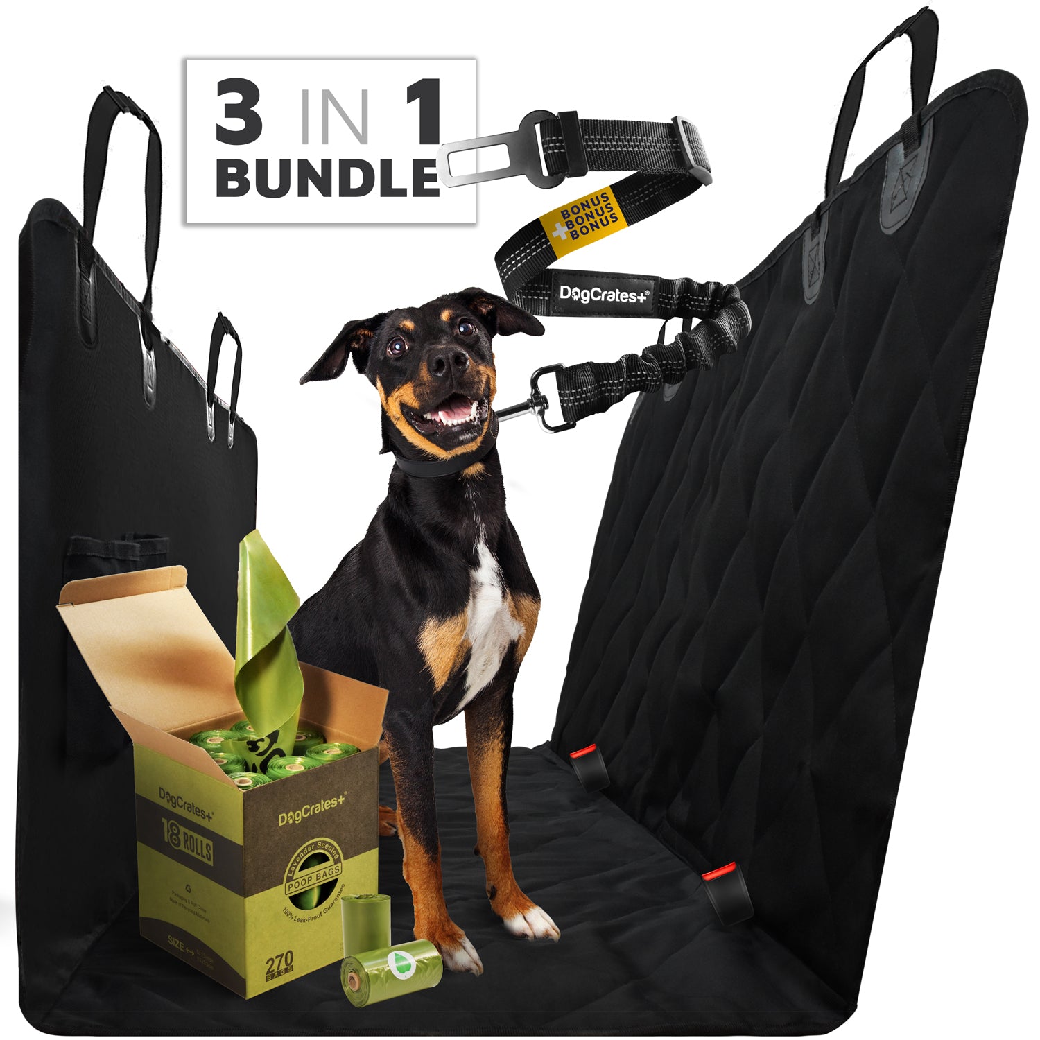 3 in 1 BUNDLE - Dog Car Seat Cover, Car Seat Belt and 270 Poop Bags